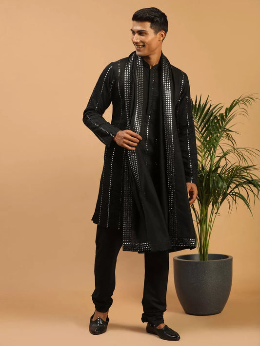 Men's Black Viscose Kurta, Pyjama & Dupatta Set