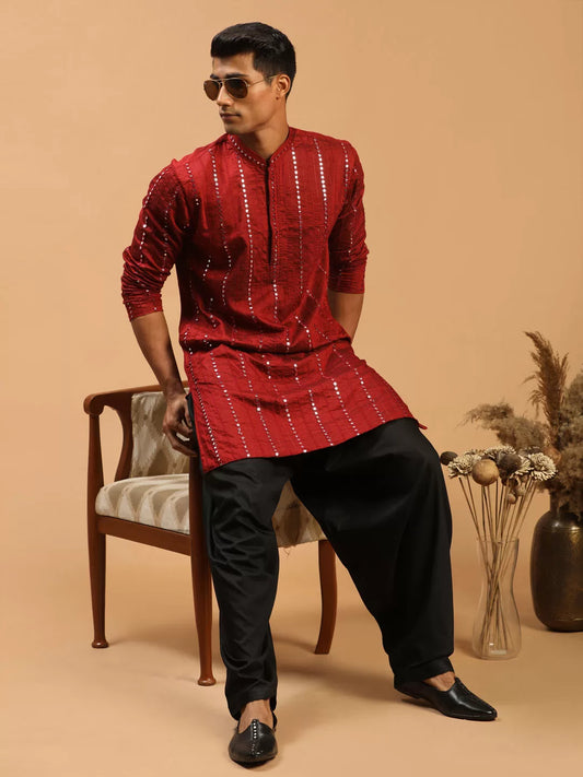 Shrestha By Vastramay - Men's Maroon And Black Viscose Kurta and Patiala Set