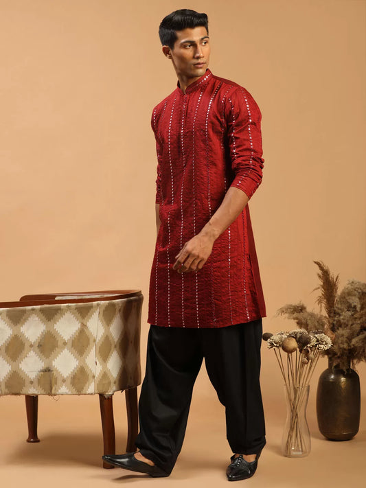 Shrestha By Vastramay - Men's Maroon And Black Viscose Kurta and Patiala Set