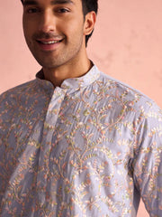 Shrestha By Vastramay - Men'S Sky Blue Georgette Floral Motif Embroidered Kurta Patiala Set