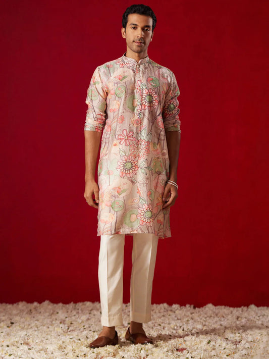 Men'S Multicolor Base Peach Cotton Printed Kurta Pant Set