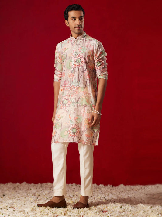 Men'S Multicolor Base Peach Cotton Printed Kurta Pant Set