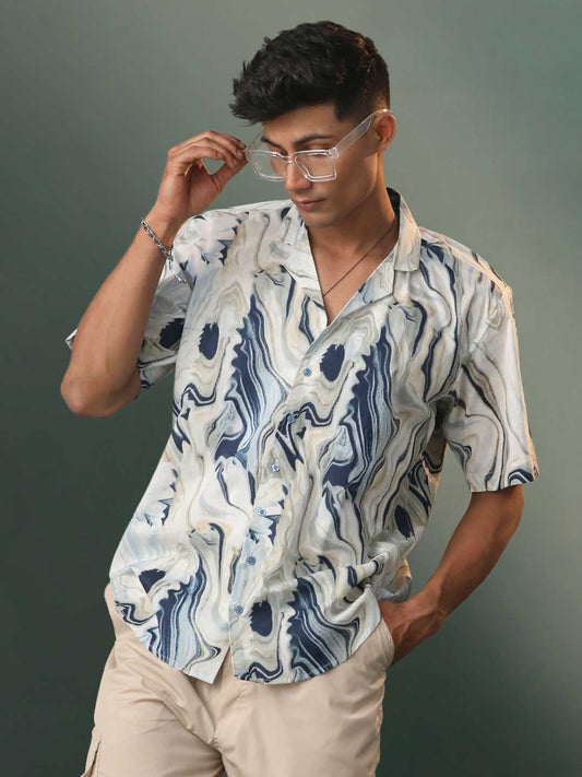 Shvaas By Vastramay - MEN'S MULTI-COLOR BASE CREAM MARBLE PRINT COTTON SHIRT