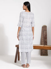 WOMEN'S GREY PRINTED COTTON KURTA PANT SET