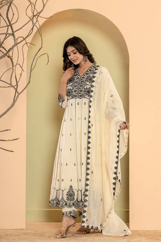 Women Thread Embroidered Anarkali Kurta Paired With Bottom And Dupatta