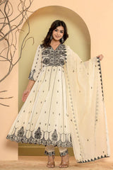 Women Thread Embroidered Anarkali Kurta Paired With Bottom And Dupatta