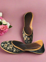 Women Black Jutti embroidered with Golden color roses