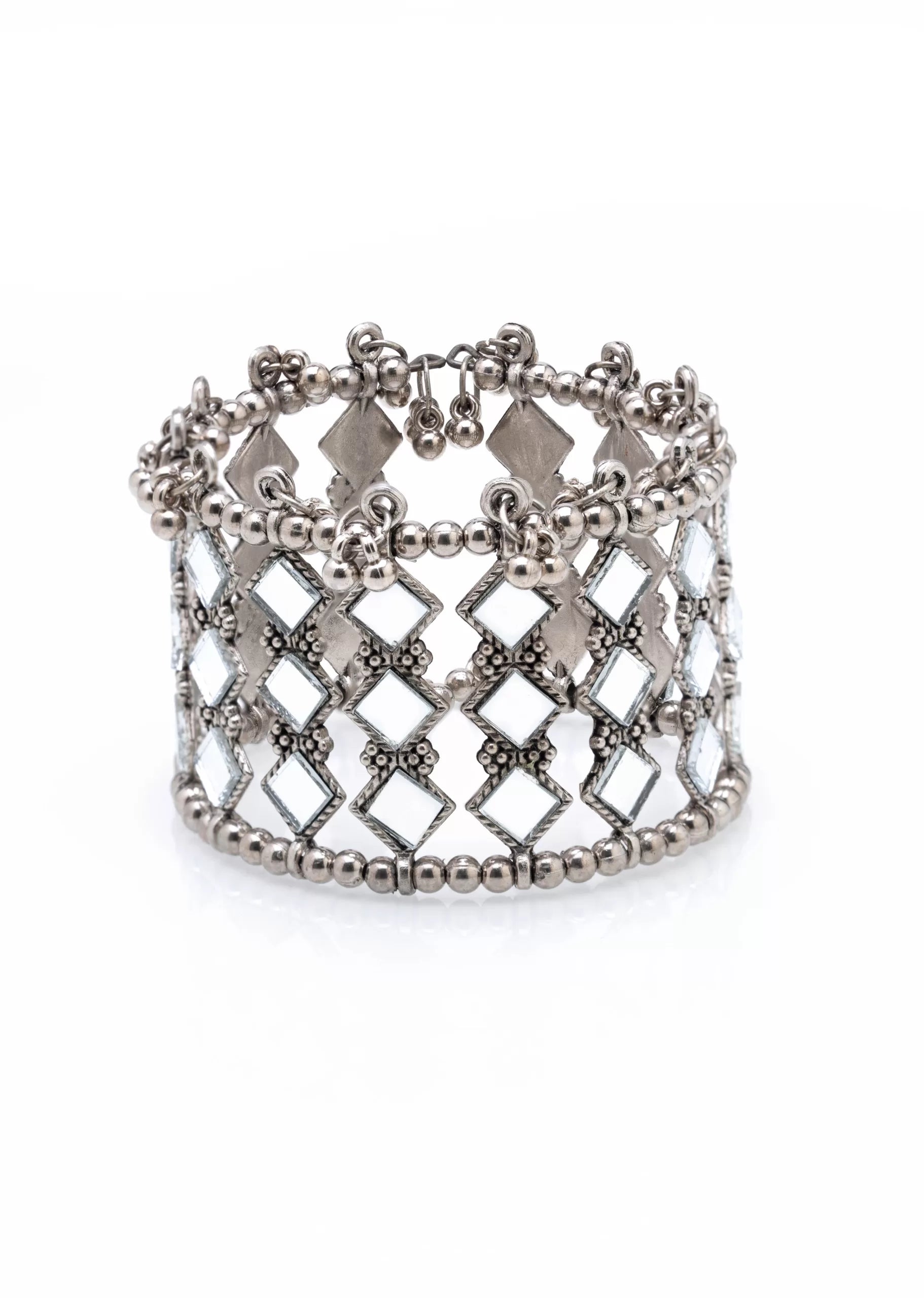 Ghungroo Beaded OXIDISED SILVER-PLATED Mirror CUFF BRACELET