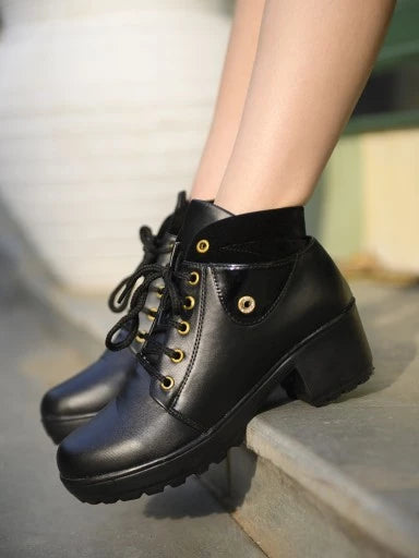 Womens & Girls Black Block Heeled Boots