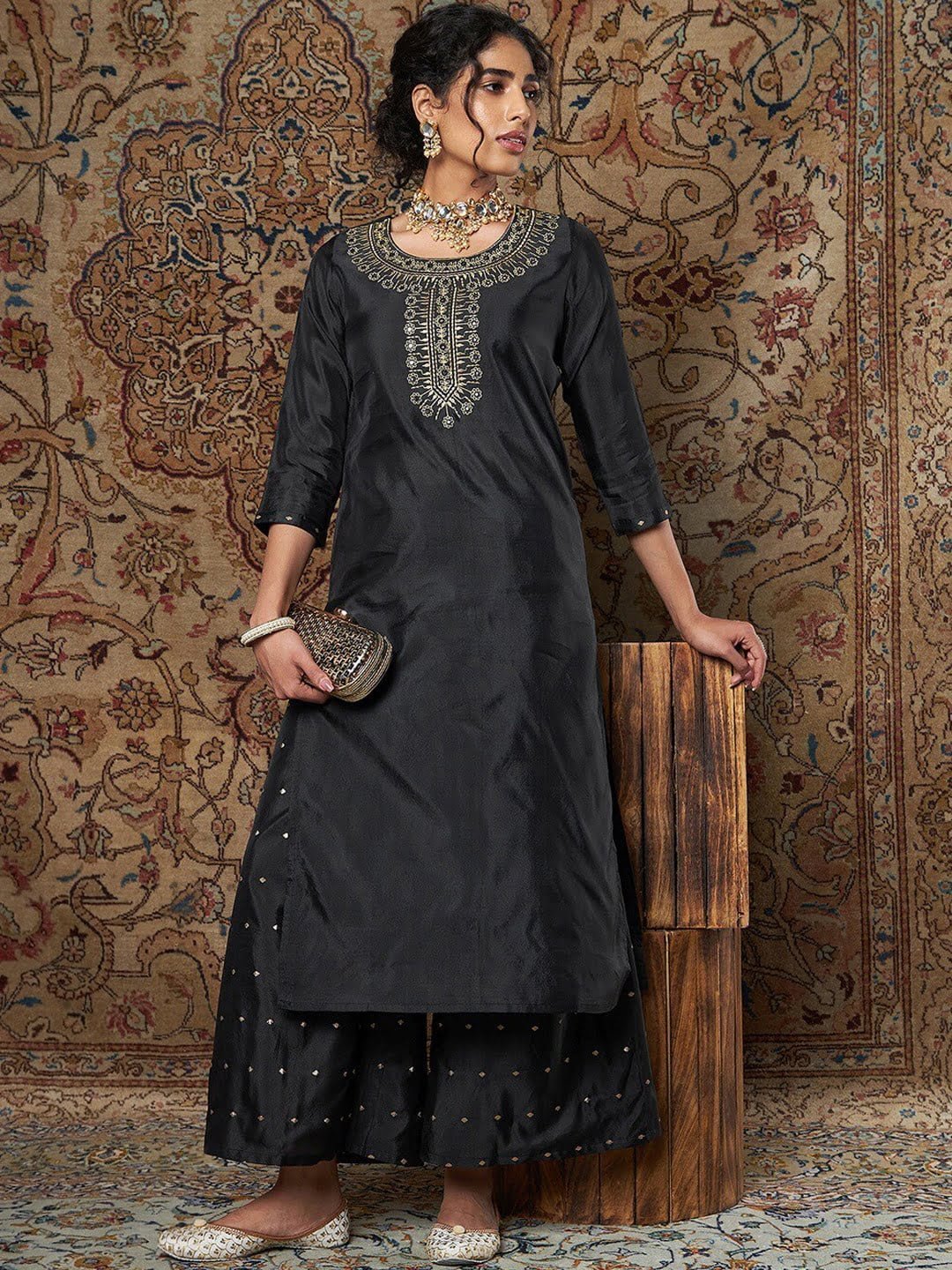 Women Black Mirror Work Kurta with Palazzos