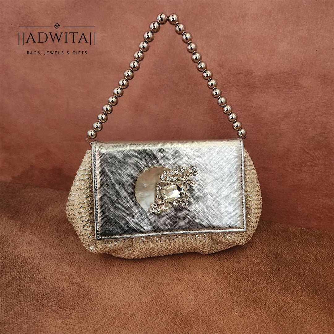 Batua Bag In White And Silver With Clear Crystal Broach With Mother Of Pearl Shell