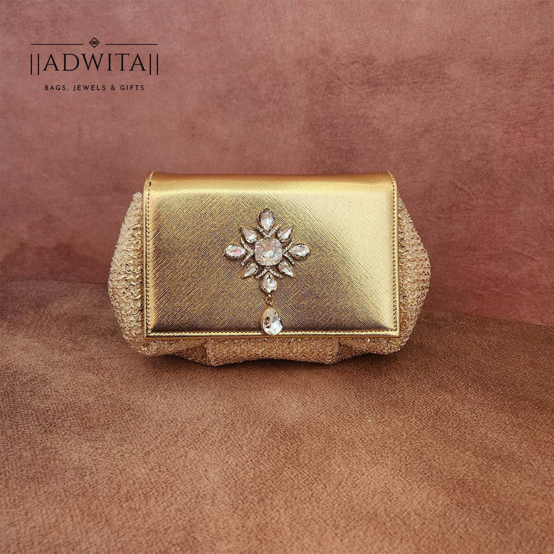 Batua Bag In Beige And Gold With Clear Crystal Hanging Broach