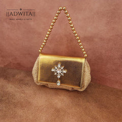 Batua Bag In Beige And Gold With Clear Crystal Hanging Broach