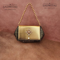 Batua Bag In Black And Gold With Gold Crystal Hanging Broach