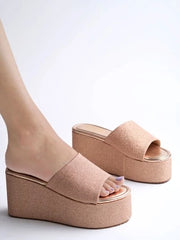 Embellished Shimmer Detailed Pink Platform Heels For Women & Girls