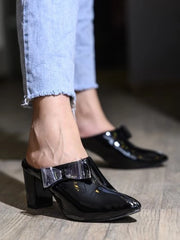 Womens & Girls Black Block Mules with Bows