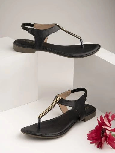 Womens & Girls Black Embellished T-Strap Flats