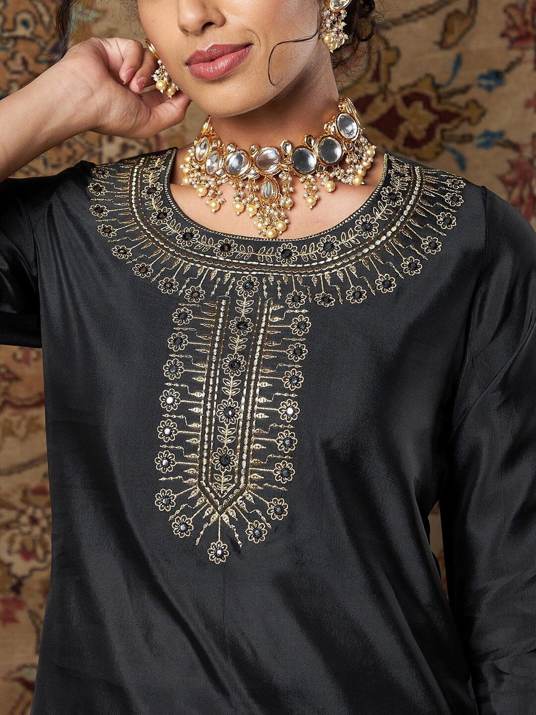 Women Black Mirror Work Kurta with Palazzos