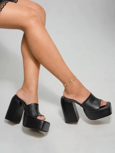 Stylish Solid Black Block Heels For Women & Girls