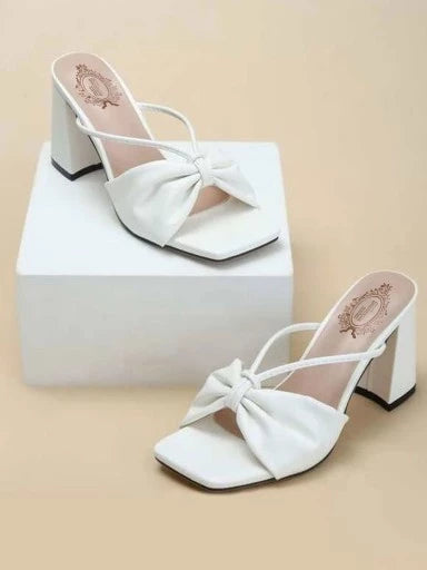 detailed Strap Stylish White Block Heels For Women & Girls