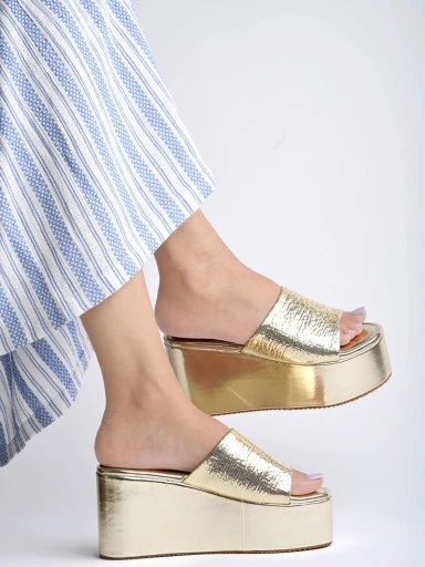 Embellished Sequence Detailed Golden Platform Heels For Women & Girls