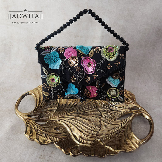 Black Multi Flower Flap Bag