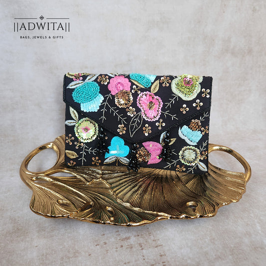 Black Multi Flower Flap Bag