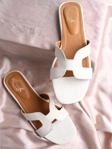 Stylish Square Toe and Trendy H-shaped White Flats For Women & Girls