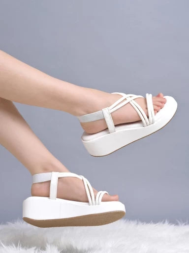 Shoetopia Solid Criss Cross Straps White Wedges For Women & Girls