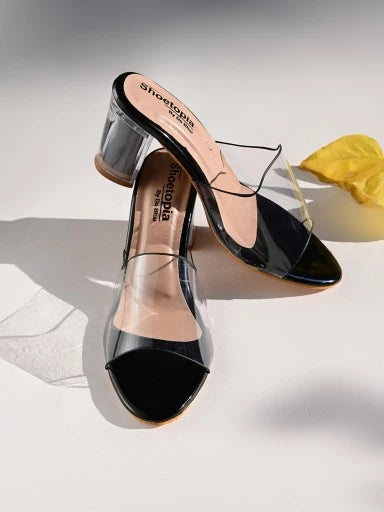 Womens & Girls Black Transparent Solid Block Heels