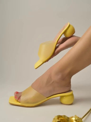 Clear Strap Solid Yellow Block Heels For Women & Girls