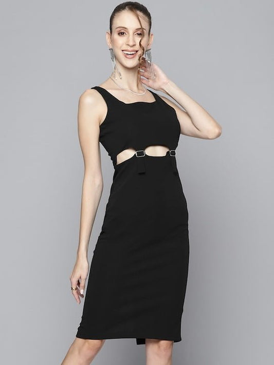 Women Black Textured Sheath Midi Dress, Black