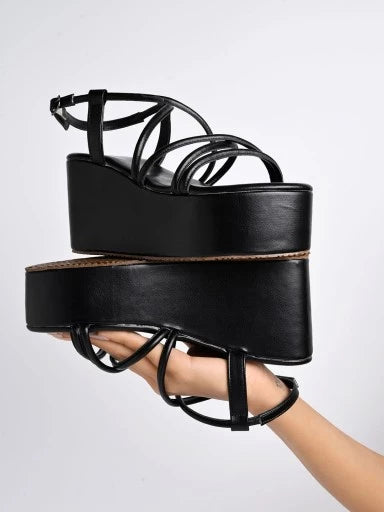 Multi Straps Casual Black Flatforms For Women & Girls