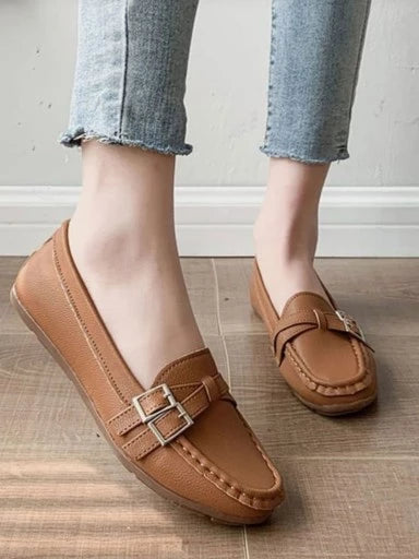 Side Buckle Detailed Tan Loafers For Women & Girls