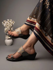 Embroidered Ethnic Grey Kolhapuri Wedgess For Women & Girls