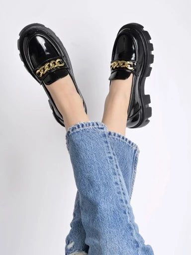 Smart Casual Chain Detailed Black Loafers For Women & Girls