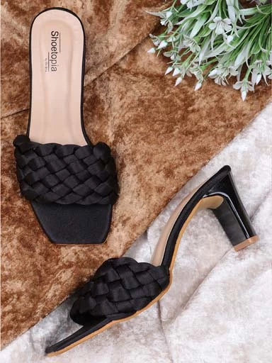 Womens & Girls Black Open Toe Block Heels