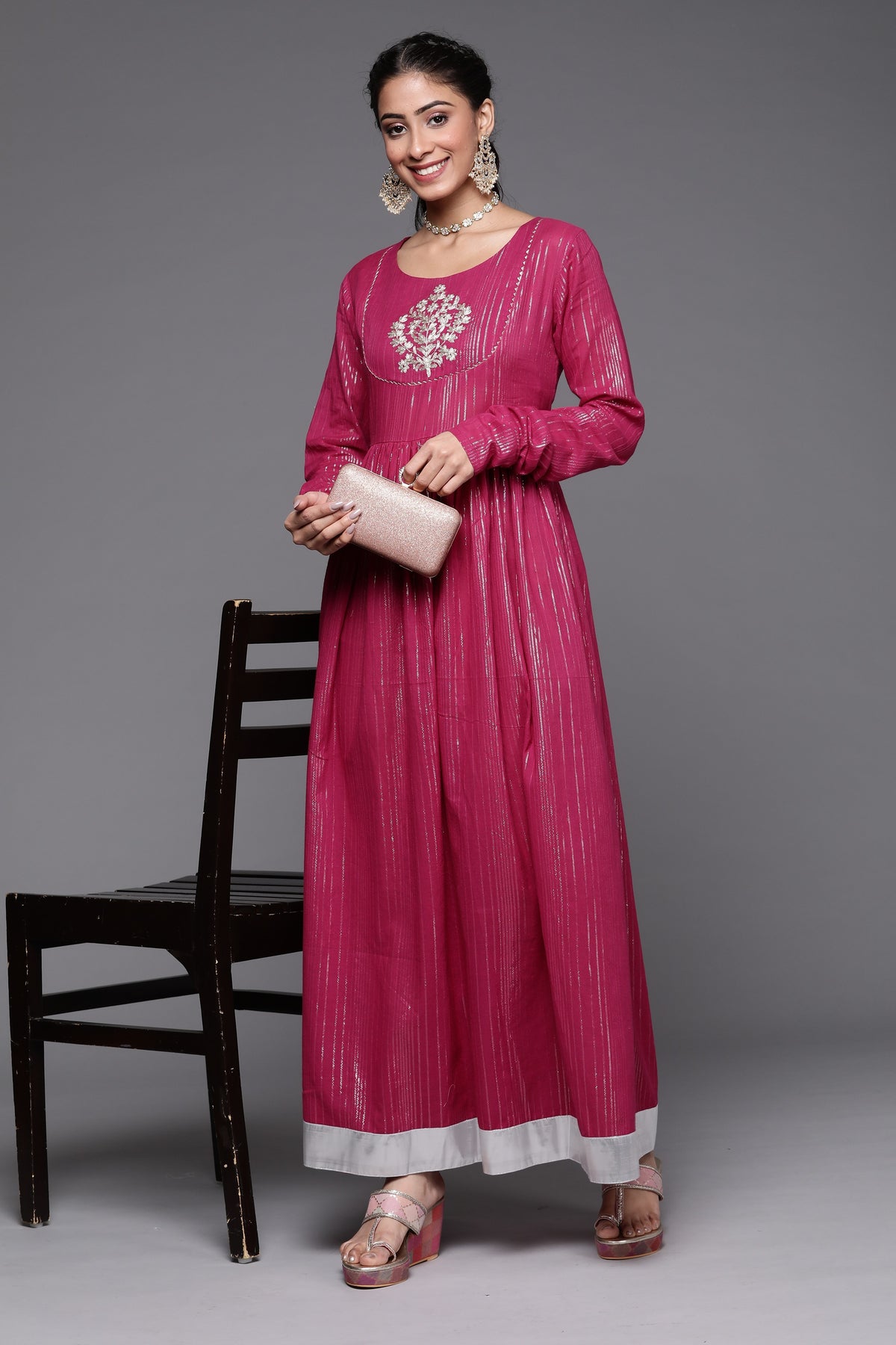 Women Fushia Emboridered Anarkali Kurta