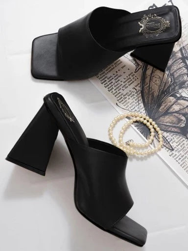 Stylish Solid Black Triangle Block Heels For Women & Girls