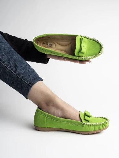 Stylish Front Bow Style Green Loafers For Women & Girls