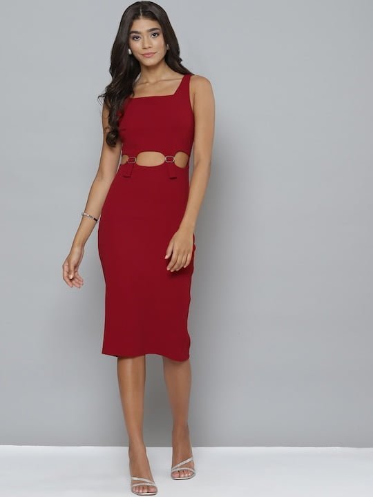 Maroon Cut Out Buckle Detail Bodycon Dress