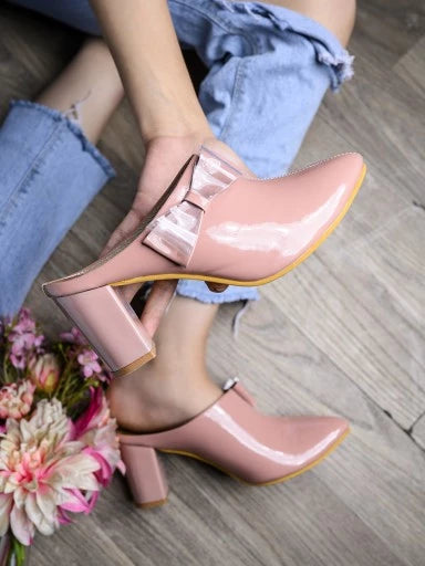 Womens & Girls Peach Block Mules with Bows