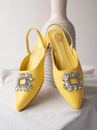 Embellished Front Studded Buckle Yellow Mules For Women & Girls