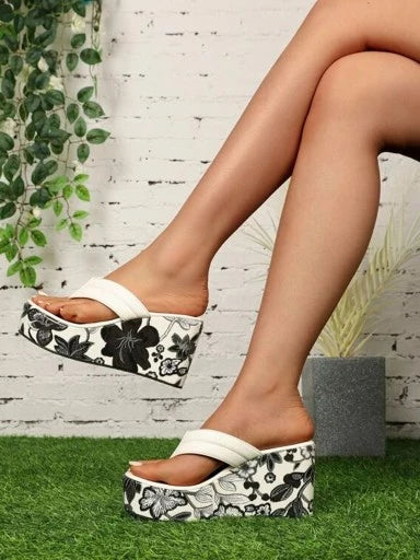 Floral printed heel detailed White Wedges For Women & Girls