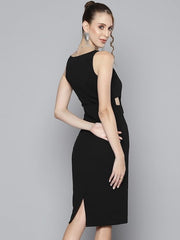 Women Black Textured Sheath Midi Dress, Black