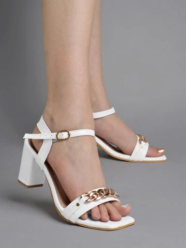 Stylish Ankle Strap White Block Heeled Sandals For Women & Girls