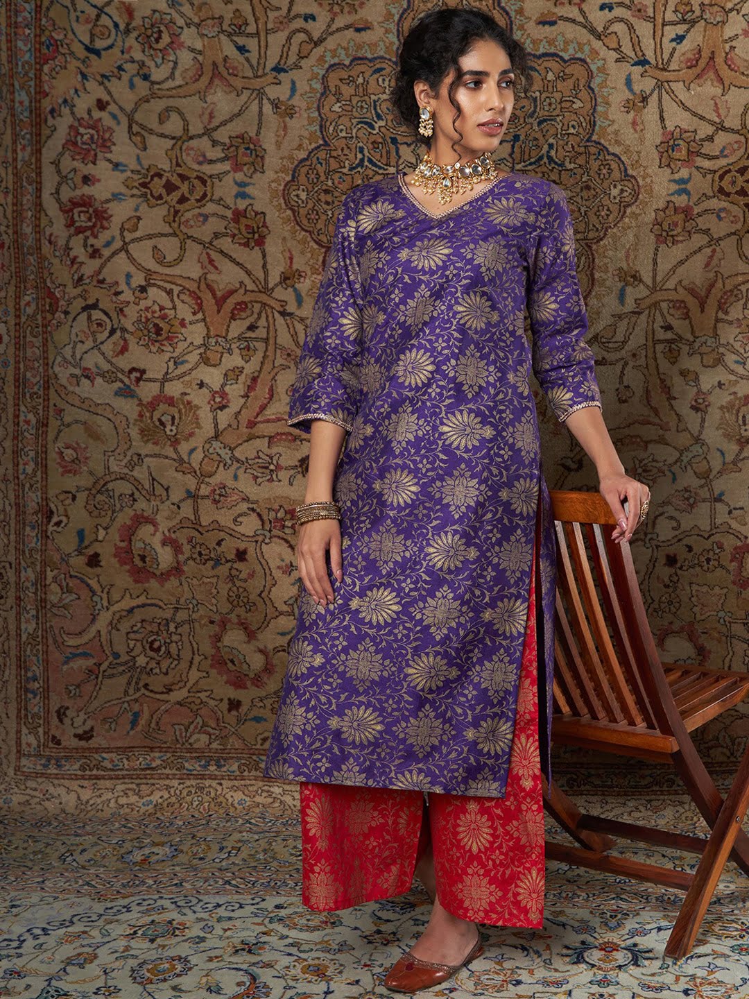 Women Purple Ethnic Motifs Yoke Design Thread Work Kurta with Palazzos