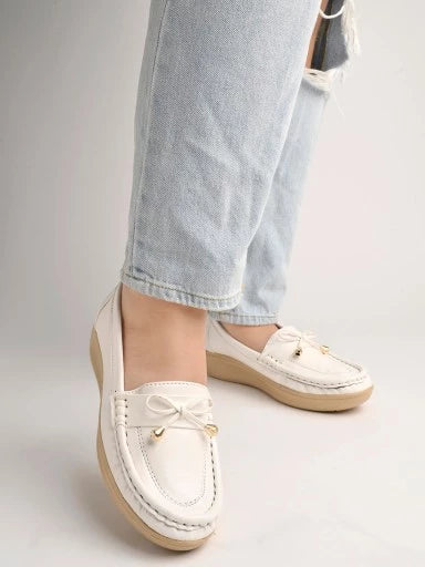 Upper Bow Detailed White Loafers For Women & Girls