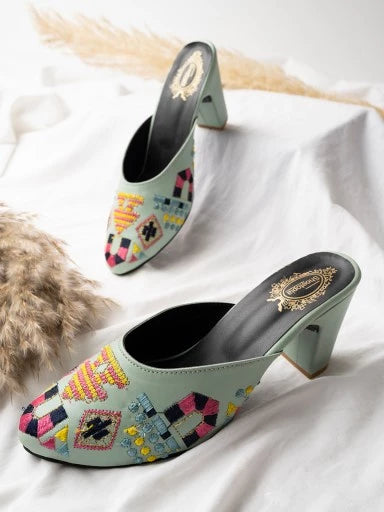 Embroidered Green Heeled Mules For Women & Girls