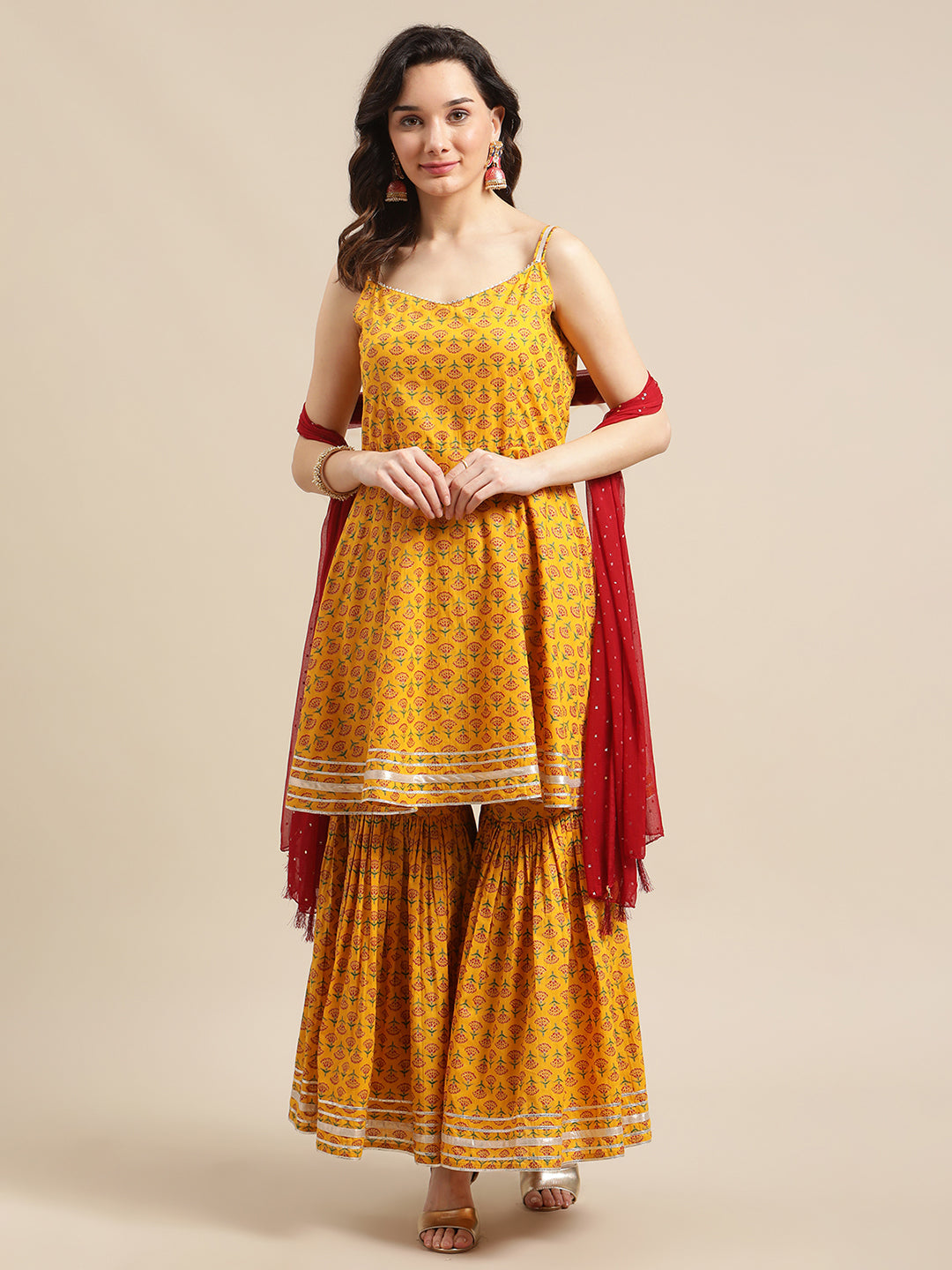 Mustard Strap Style Printed Kurta Sharara Set With Solid Dupatta